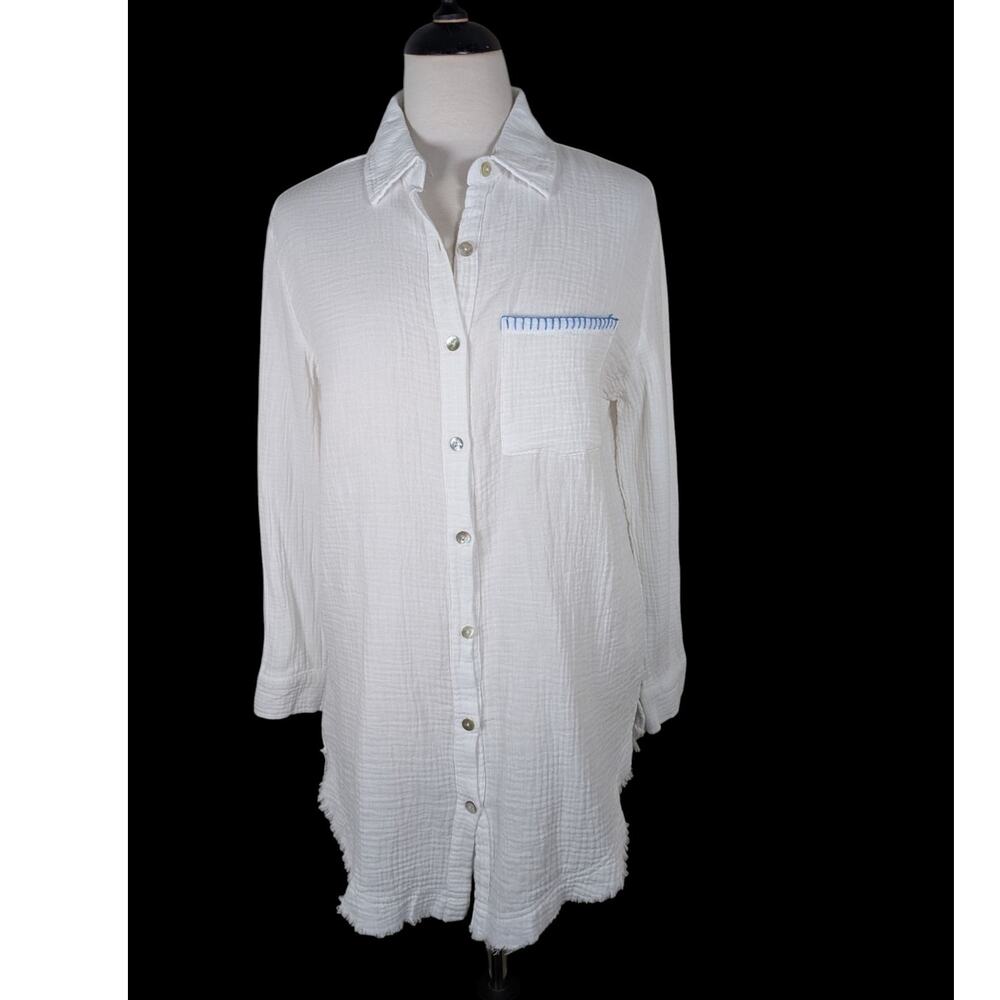 New Blue Island XS White Gauze Beach Cover Up Button Down Shirt Sun Surfing Club